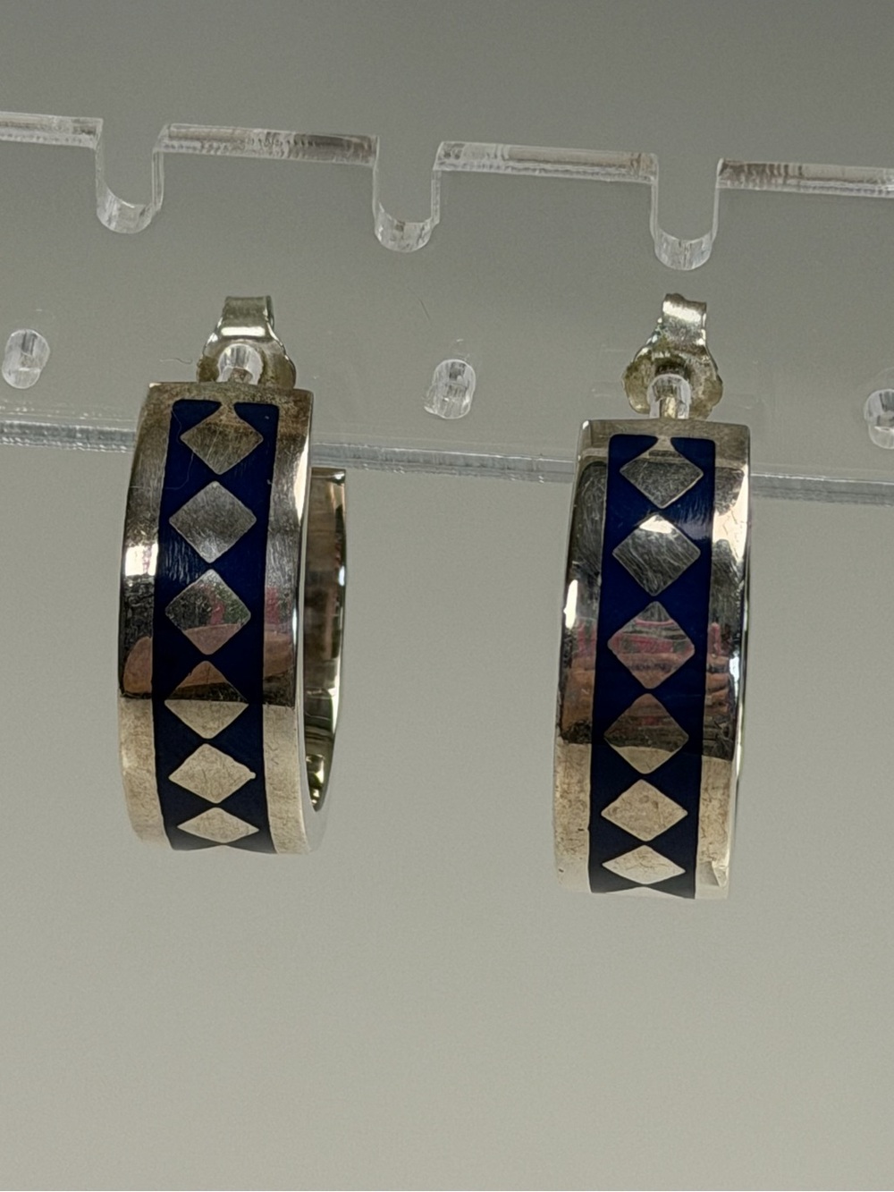Vintage Sterling Silver 925 Blue Inlay Hoop Earrings